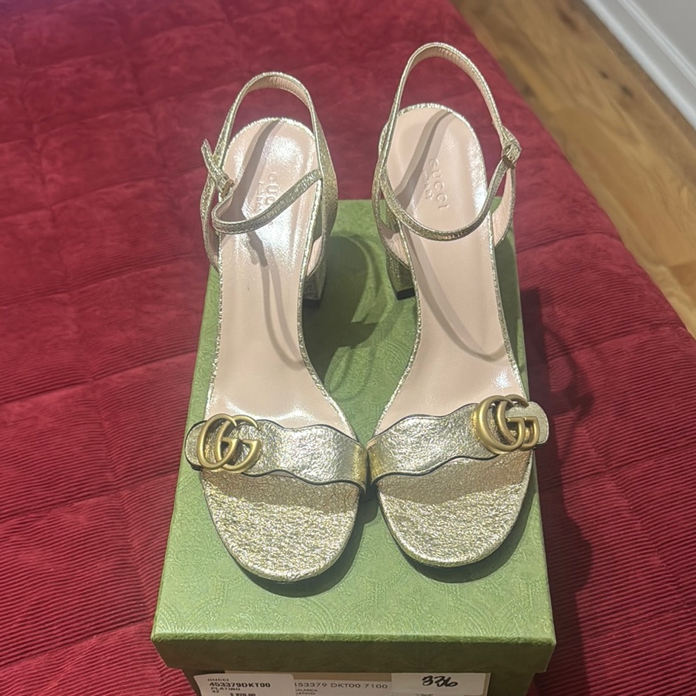 Gucci Gold Heels with Ankle Strap and Logo Hardware